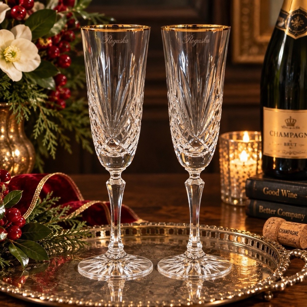 Rogaska Richmond Gold Trim Champagne Flutes Set of 2 Crystal 8.25" Slovenia